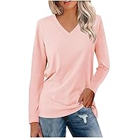 Womens V Neck Long Sleeve T Shirts Casual Solid Color Basic Tee Tops Simple Fashion Pullover Lightweight Base Shirt