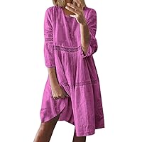 XJYIOEWT Fall Dresses for Women 2024 Wedding Guest, Women Boho Solid Neck Dresses Hollow Out Splice 3/4 Sleeve Mid-Long