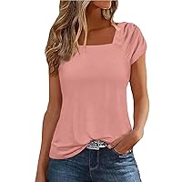 Short Sleeve Shirts Women Ruched Tops for Women 2024 Solid Color Simple Versatile Loose Fit Casual with Short Sleeve Square Neck Shirts Pink Large
