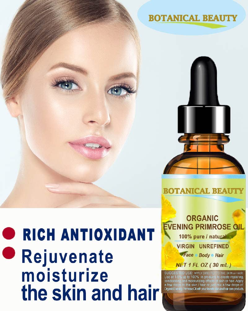 ORGANIC EVENING PRIMROSE OIL. 100% Pure / Natural / Undiluted / Unrefined /Certified Organic/ Cold Pressed Carrier Oil. Rich antioxidant to rejuvenate and moisturize the skin and hair. 0.5 Fl.oz.- 15 ml. by Botanical Beauty