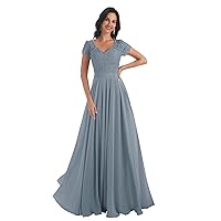 Women's V Neck Long Mother of The Bride Dresses for Wedding Lace Chiffon Evening Gown with Pockets