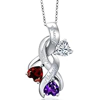 Gem Stone King 925 Sterling Silver Gemstone Birthstone 3-Stones Heart Shape Mothers Pendant Necklace For Women with 18 Inch Chain