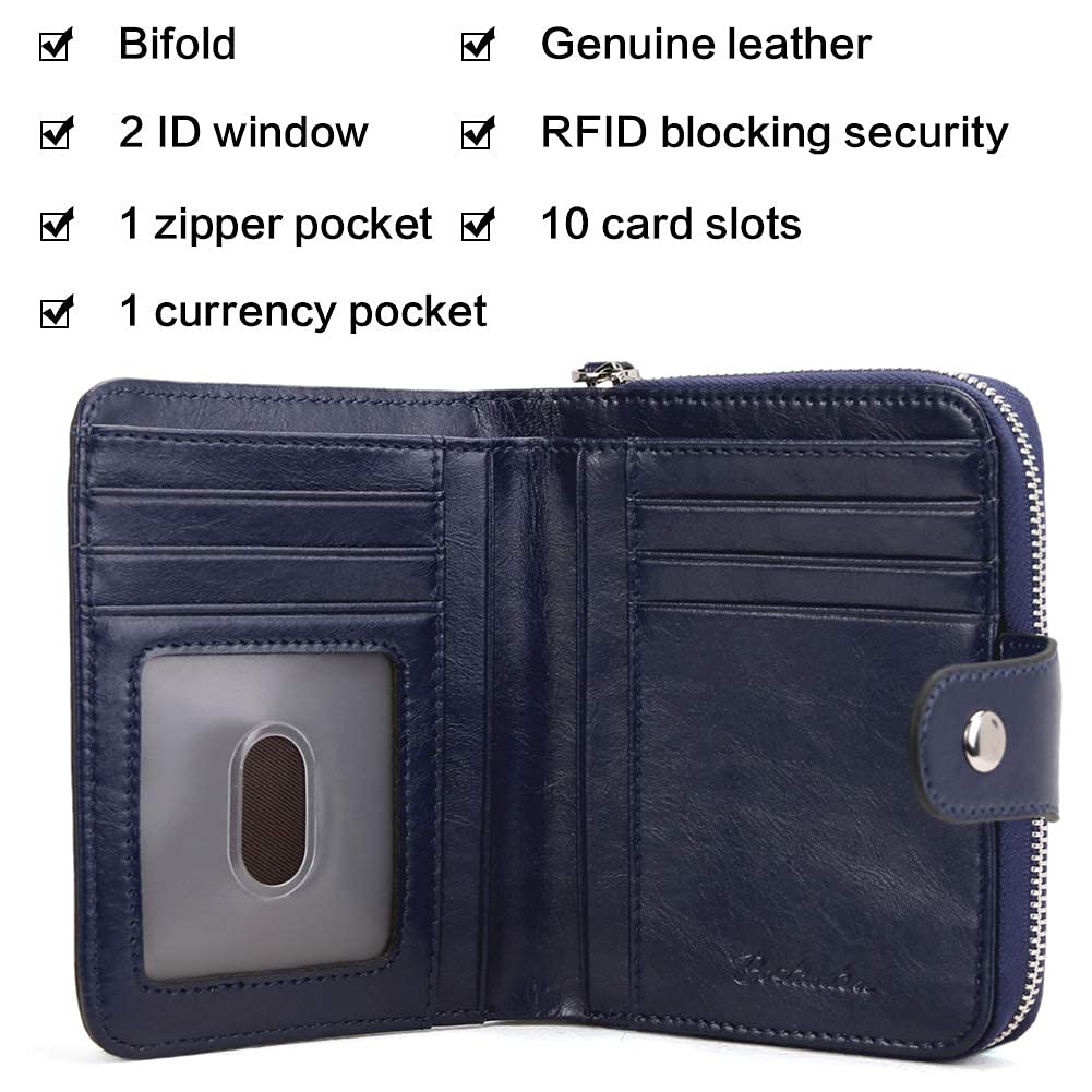 BOSTANTEN Women Handbag Genuine Leather Tote Shoulder Purses Bundled with Zipper Pocket Small Bifold Wallet Card Case Navy Blue