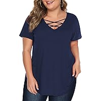 Amoretu Women Summer Plus Size T-Shirts Short Sleeve Solid Color Tops(Navy,4XL)