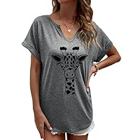 Giraffe Print Women V-Neck Shirts Animal Print Cute T Shirts Short Sleeve Graphic Shirts Loose Casual Tops Tee
