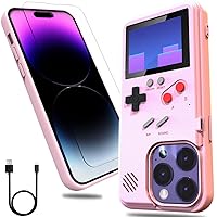 Gameboy Phone Case for iPhone 14 Pro Max with Tempered Glass Phone Screen Protector,Full Color Display 36 Retro Classic Games, Protective Cover Self-Powered (Pink)