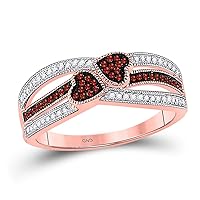 The Diamond Deal 10kt Rose Gold Womens Round Red Color Enhanced Diamond Double Heart Striped Ring 1/5 Cttw