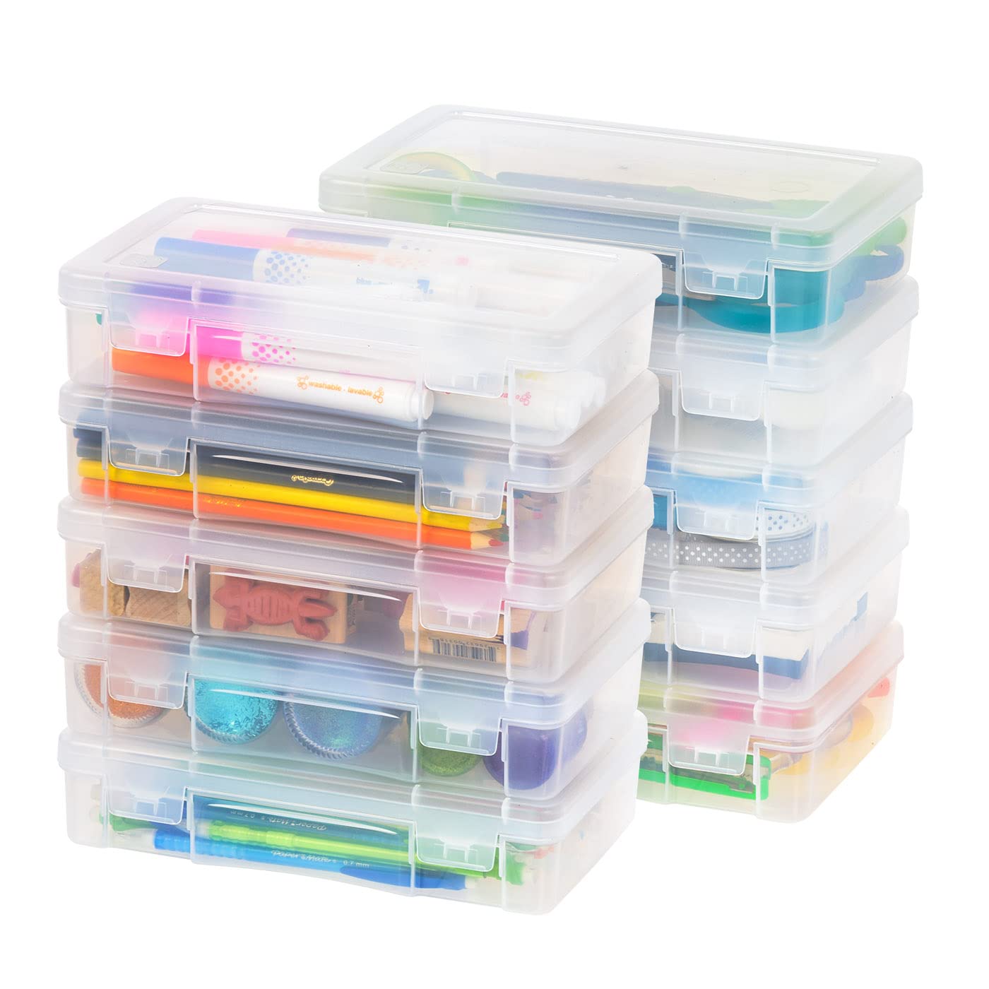 IRIS USA 10 Pack Medium Plastic Hobby Art Craft Supply Organizer Storage Containers with Latching Lid, for Pencil, Lego, Crayon, Ribbons, Wahi Tape, Beads, Sticker, Yarn, Ornaments, Stackable, Clear