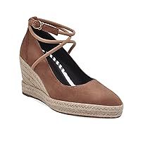Women's Wedges Espadrilles Pumps Elegant Faux Suede Round Toe Cross-Tied Ankle Strap Platform High Heel Shoes (Brown,4.5)