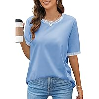 MEROKEETY Women's 2024 Short Sleeve Striped Color Block T Shirts Crewneck Loose Casual Tee Tops