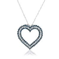 Ornaatis 1.25 Cttw Round Shape White and Blue Natural Diamond Heart Pendants with Necklace Chain Sterling Silver
