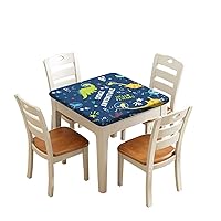 Square Fitted Polyester Tablecloths For Kids, Cartoon Dinosaurs & Space Elastic Edge Home Decor Table Cover, Waterproof Oil Proof Fabric Tablecloth For Holiday Birthday Party, Fits 24x24 Inch Table