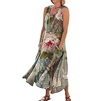 Dresses for Women Summer Casual Sleeveless Floral Print Tank Sundress Pleated T-Shirt Cotton Dress with Pockets