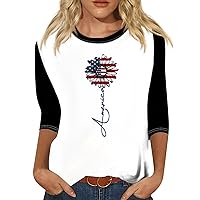 Women's Fourth of July Shirt Plus Size 3/4 Sleeve Tops Independence Day Outfits Patriotic Color Block Summer Shirts