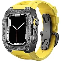 MAALYA Luxus Diamant Edelstahl Abdeckung Fall Für Apple Watch 7/8 45mm 44mm Mit Fluorkautschuk Armband Upgrade Legierung Zirkon Lünette Modifikation Kit Gummiband Für IWatch 6 5 4 SE