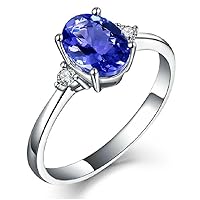 Women's Solid 14K White Gold Oval Natural Tanzanite Diamond Wedding Engagement Band Ring for Women