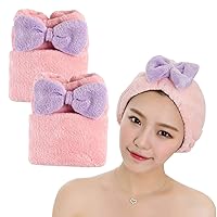 KON Microfiber Hair Towel 2 Pack, Hair Towel with Ribbon, Fast Drying Hair Turban Towel for Women, Quick Absorbent Hair Drying Towel Wrap for Wet, Pink + Pink