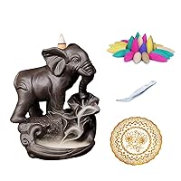 Ceramic Elephant Incense Waterfall Burner Backflow Incense Holder Kit with 50 Incense Cones + Clip + Mat for Yoga Studio Home Decoration Aromatherapy