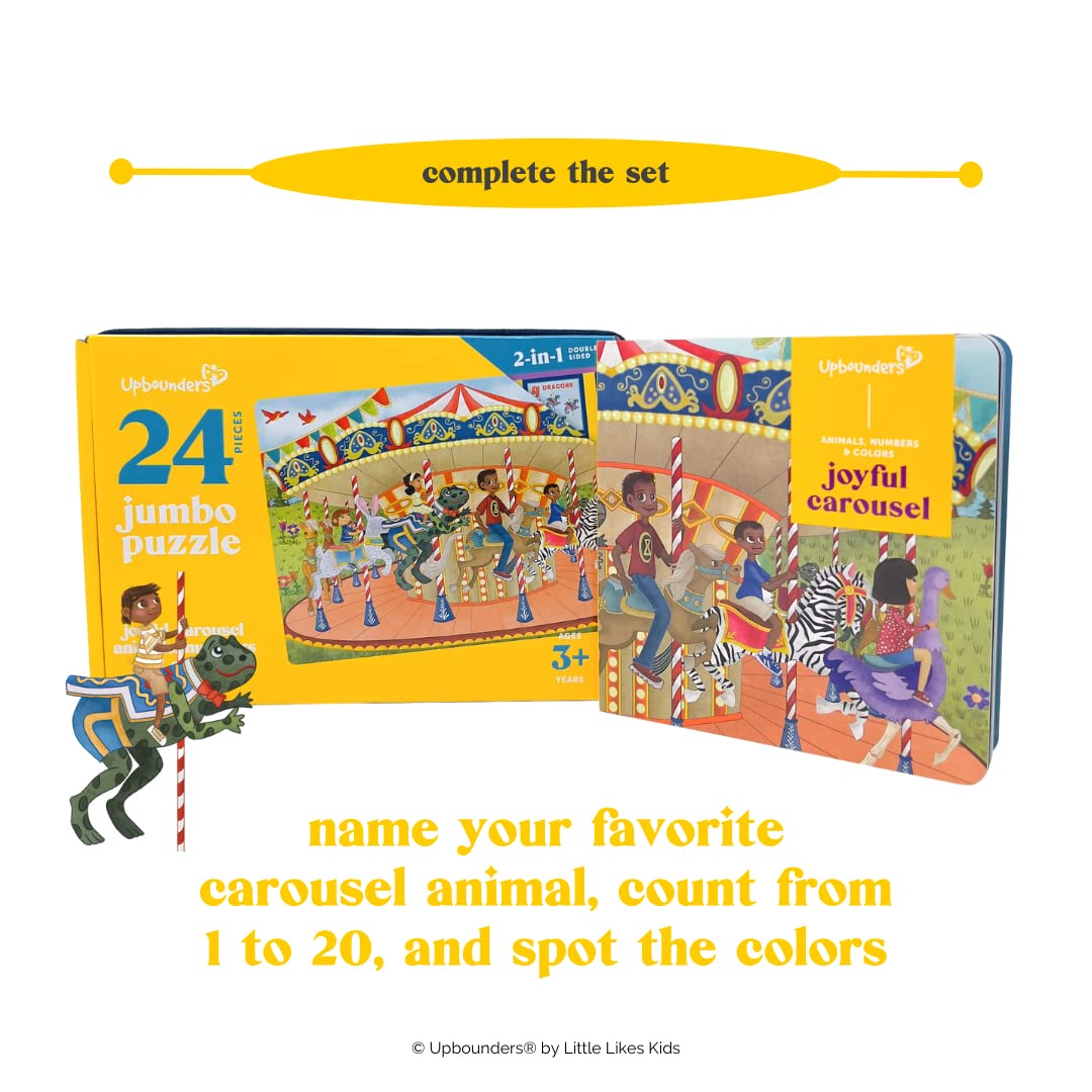 Upbounders: Joyful Carousel Animals Numbers and Colors - 24 Piece 2-Sided Beginnger Puzzle,Toddler Boy,Girl, Ages 3-5, Counting Activity with African American-Diverse Children at Play