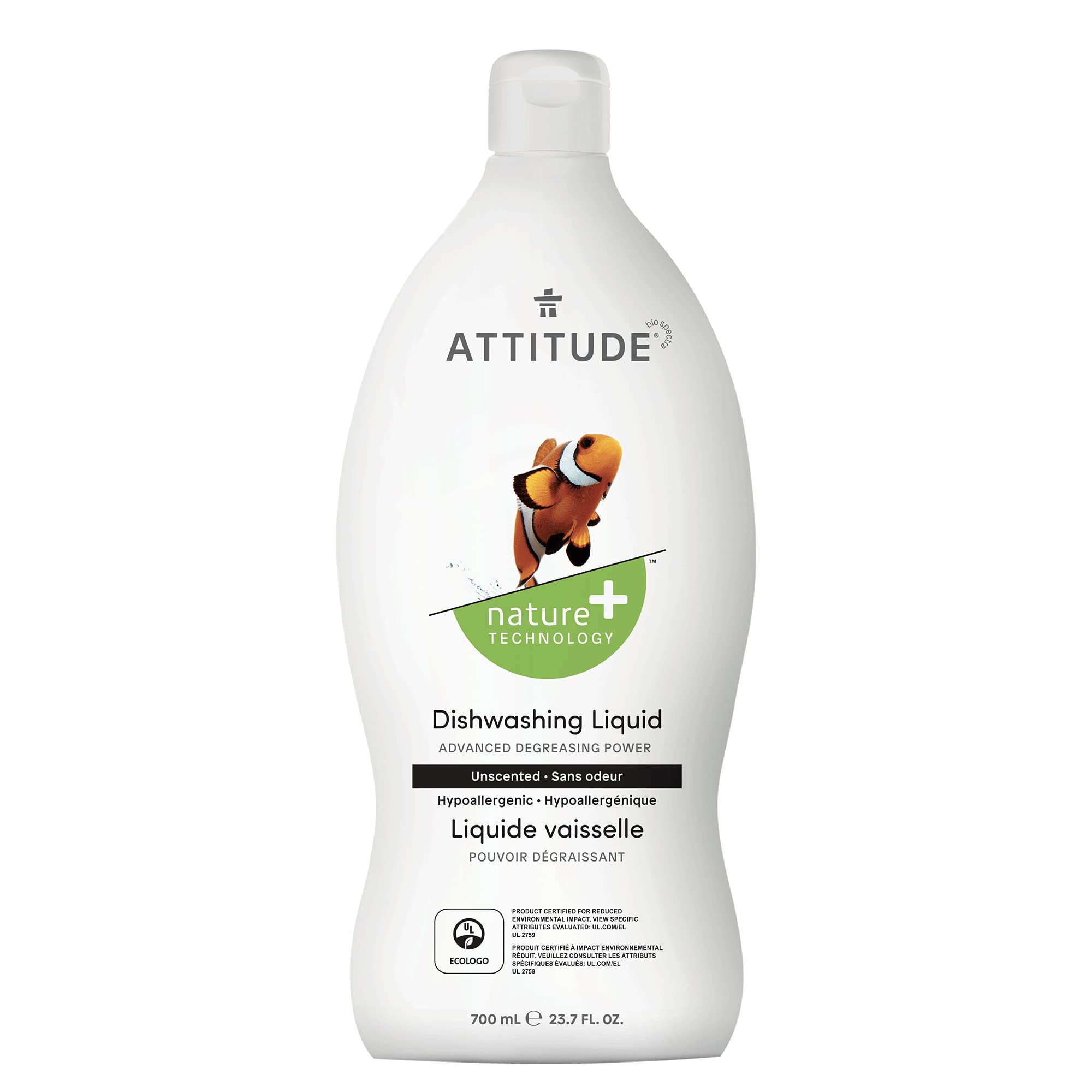 ATTITUDE Liquid Dish Detergent, Hypoallergenic Plant- and Mineral-Based Ingredients, Effective Dishwashing Soap Formula, Vegan and Cruelty-free, Unscented, 23.7 Fl Oz (Pack of 9)