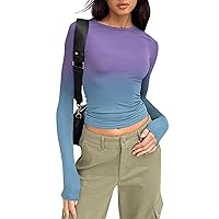 Y2K Tops for Women Slim Fitted Crop Tops Basic Fashion Solid Color Round Neck Workout Long Sleeve T Shirt