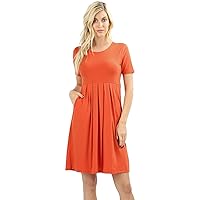 Women's Pleated Swing Dress Short Sleeve Casual T Shirt Loose Dress with Pockets