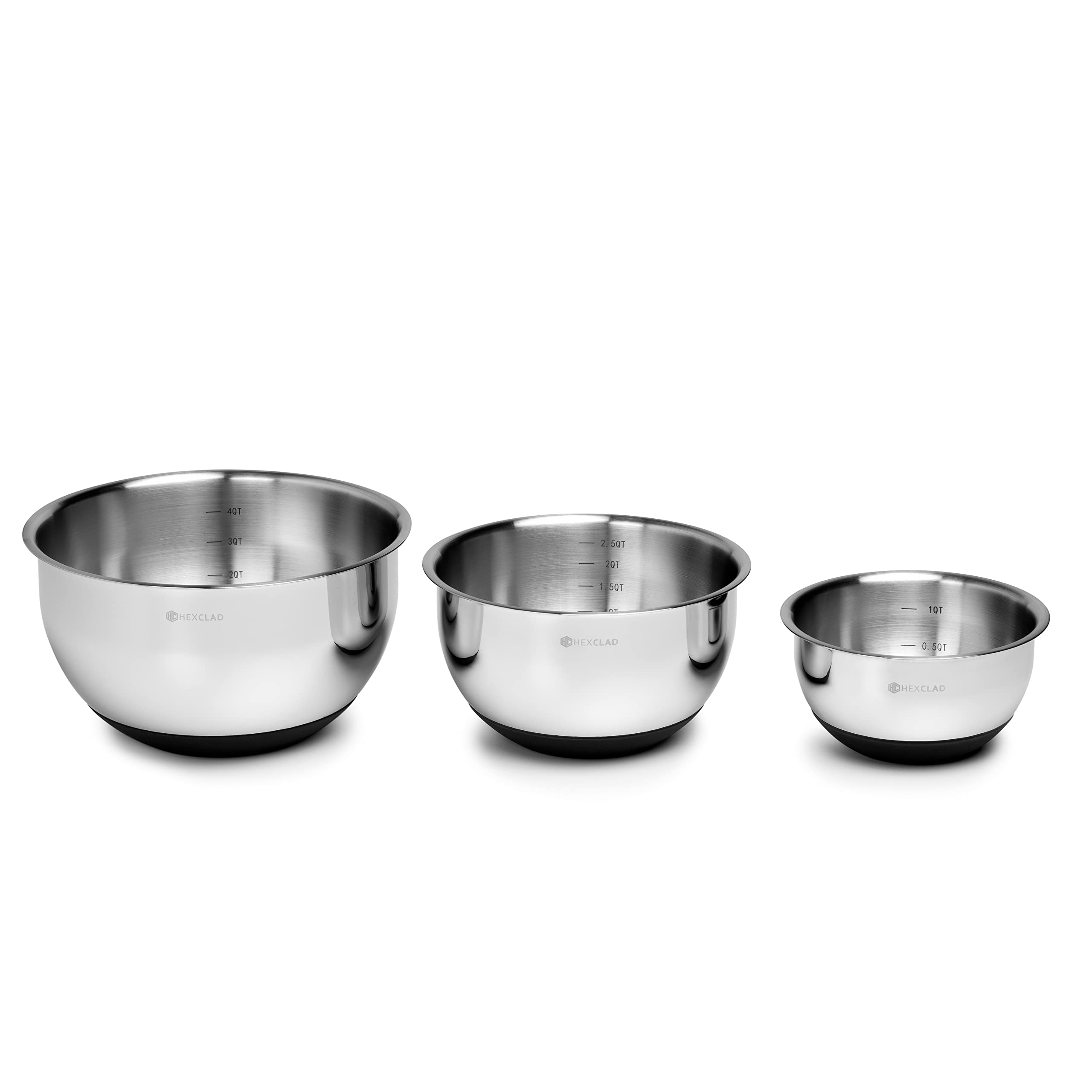 HexClad Cookware Set of Three Stainless Steel Mixing Bowls with Air Tight Vacuum Seal and Non-Slip Safety Base, 1.3,3 and 5 Quarts