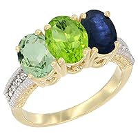 10K Yellow Gold Natural Green Amethyst, Peridot & Blue Sapphire Ring 3-Stone Oval 7x5 mm Diamond Accent, Sizes 5-10