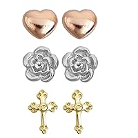 Sterling Silver Tri-Color Heart, Flower and Cross Stud Set