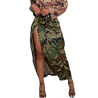 Vakkest Women's Camo Cargo Midi Skirt Elegant High Waist Vintage Dress Slit Front Ruffle Long Bodycon Maxi Skirts