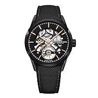 RAYMOND WEIL Freelancer Men's Automatic Watch, Calibre RW1212 Skeleton, Open-Worked Black Dial with Indexes, Stainless Steel with Black PVD Coating, Black Leather Strap, 42 mm (Model: 2785-BC5-20001)