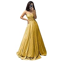 V-Neck Glitter Satin Prom Dresses for Women Spaghetti Straps Lace Appliques Formal Evening Party Gown with Pockets