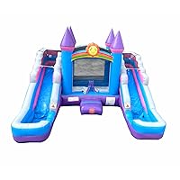 Pogo Bounce House Crossover Pink & Purple Inflatable Bounce House with Double Inflatable Water Slides for Kids, 16.5 x 15 x 11 Foot, Commercial Outdoor Party Bouncer with Blower, Stakes, Storage Bag