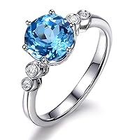 Fashion Design Natural Swiss Blue Gemstone Topaz Diamond 14K White Gold Women's Band Ring Engagement Wedding Set