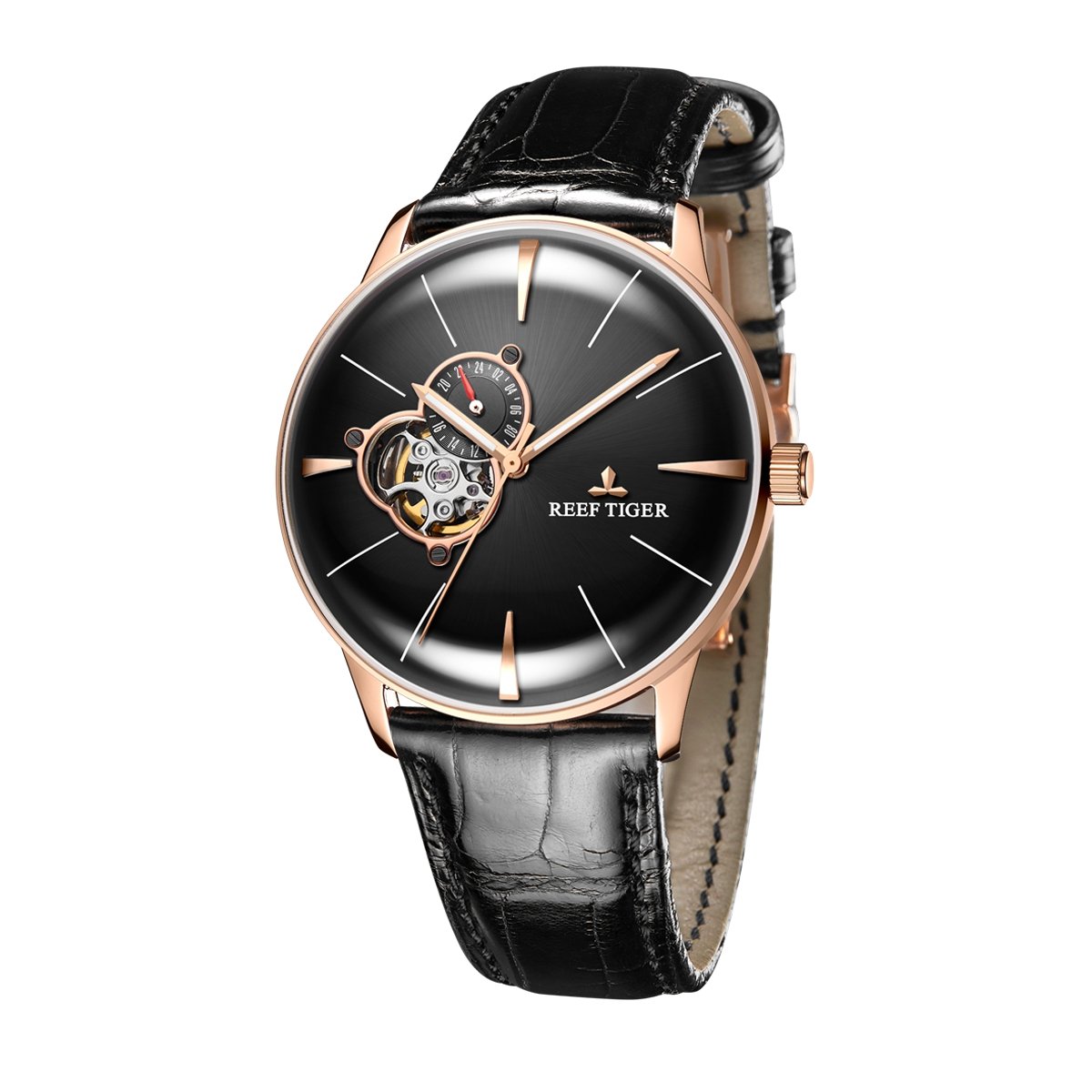 REEF TIGER Luxury Automatic Watches Mens Genuine Leather Strap Rose Gold Convex Lens Watches RGA8239