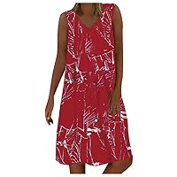 Women's Casual Dress Printed V Neck Short Sleeve Swing Knee Length Midi Dress(5-Red,10) 1146