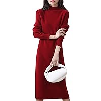 Dresses for Women Half High Collar Wool Knitted Dress Solid Color Long Sleeve Sweater Long Dress