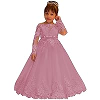 Lace Tulle Flower Girl Dress for Wedding Long Sleeve Princess Dresses Dusty Rose Pageant Party Gown with Bow Size 5