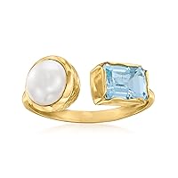Ross-Simons 8-8.5mm Cultured Pearl and 1.40 Carat Sky Blue Topaz Toi Et Moi Ring in 18kt Gold Over Sterling