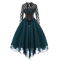 Women's Steampunk Gothic Dress with Corset Halter Floral Lace Cocktail Swing Dress Halloween Punk Hippie Dresses