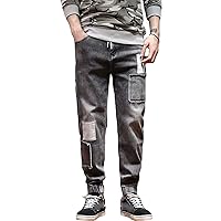 Men Ripped Patches Slim Fit Jeans Straight Leg Hip Hop Tapered Denim Pants Vintage Distressed Skinny Jean Trousers