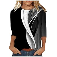Cute Outfits for Women, Women's Fashion Casual 3/4 Sleeve Gradient Stripe Print Printed O-Neck Pullover T-Shirt Top