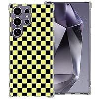 Phone Case for Samsung Galaxy S24 Ultra, Yellow Black Grid Plaid Regular Lattice Checkered Checkerboard Cute Shockproof Protective Soft Clear Cover Shell