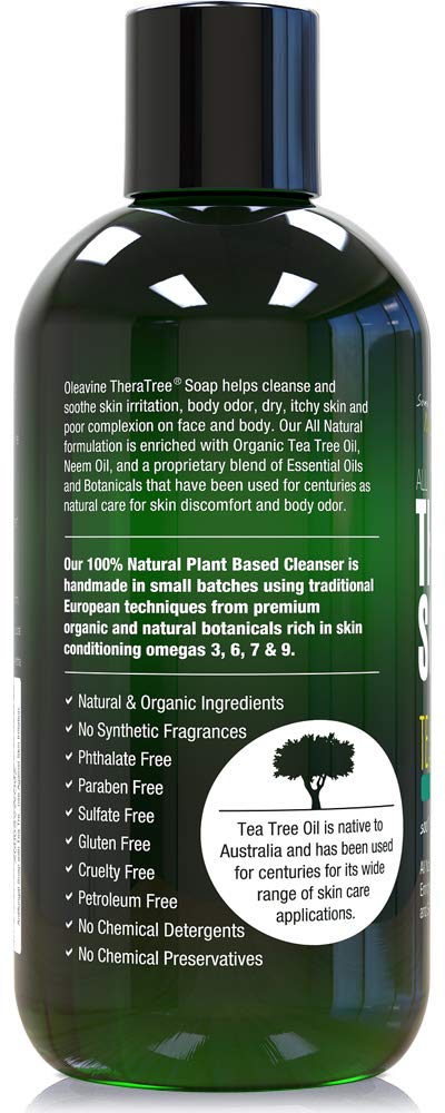 Oleavine TheraTree Tea Tree Oil Soap with Neem Oil - 12oz - Helps Skin Irritation, Body Odor, & Helps Restore Healthy Complexion for Body and Face TheraTree