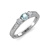 Aquamarine and Diamond Milgrain Work 3 Stone Ring with Side Diamond 0.85 ct tw 14K White Gold