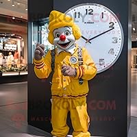 Yellow Clown REDBROKOLY mascot costume character dressed with a Bomber Jacket and Bracelet watches