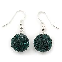 Emerald Green Diamante Ball Drop Earrings In Silver Plated Finish - 12mm Diameter/ 3cm