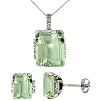 Silver City Jewelry 10K White Gold 0.05 cttw Diamond Natural Green Amethyst Octagon 8x6mm Earrings & 16x12mm Pendant Set