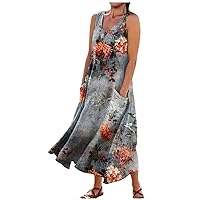 Womens Dresses Linen Maxi Dress U Neck Sleeveless Tank Dress Simple Flare Dress with Pockets Beach Vacation Outfits