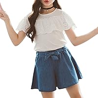 FEESHOW Little Girl Outfits Cotton Ruffle Sleeve T shirt+Bowknot Denim Shorts Skirt Summer Clothes Lounge wear
